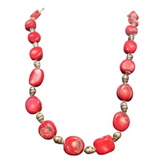 Mid 20th Century Red Coral Necklace With Decorative Sterling Silver Sea Shells. For Sale