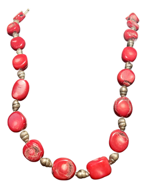 Mid 20th Century Red Coral Necklace With Decorative Sterling Silver Sea Shells.