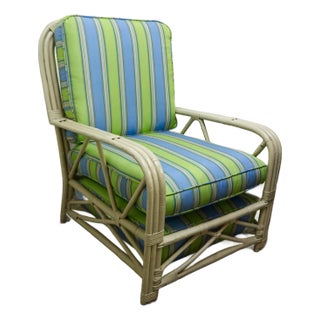 Boho Coastal Bamboo Arm Chair With Green Striped Cushions For Sale