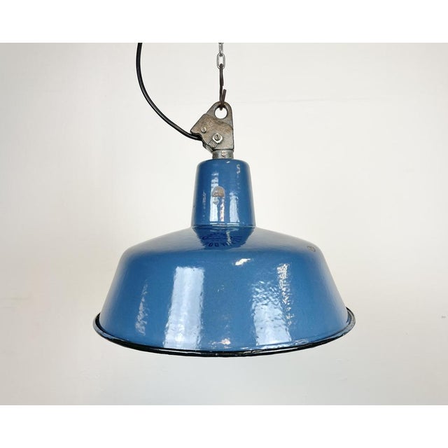Industrial Blue Enamel Factory Lamp with Cast Iron Top, 1960s For Sale - Image 14 of 14