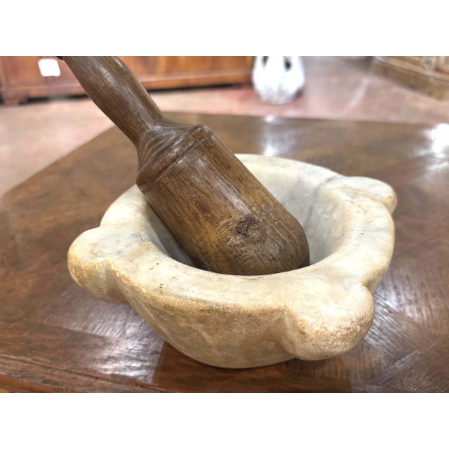 Late 19th Century 19th Century French Carved White Marble Mortar With Wood Pestle For Sale - Image 5 of 8