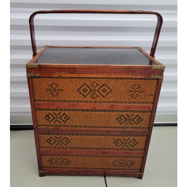 Antique Chinese Woven Rattan Portable Wedding Side Chest | Chairish