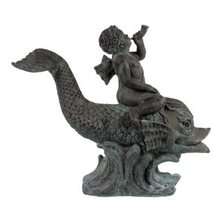 1970s Large Classical Verdigris Bronze Cherub & Dolphin Fountain For Sale