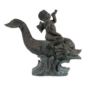 1970s Large Classical Verdigris Bronze Cherub & Dolphin Fountain
