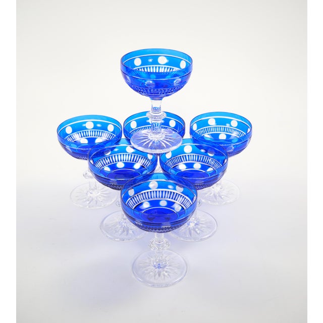 Val Saint Lambert Cobalt Crystal Champagne Coupe Glass, Service for 8 People For Sale - Image 12 of 13