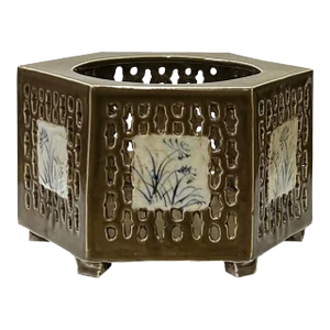 Chinese Distressed Tan White Porcelain Open Motif Hexagon Holder