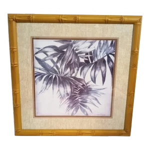 Custom Made High Point Coastal Natural Dark Ink Blue Palm Frond Framed Faux Bamboo Print Wall Art