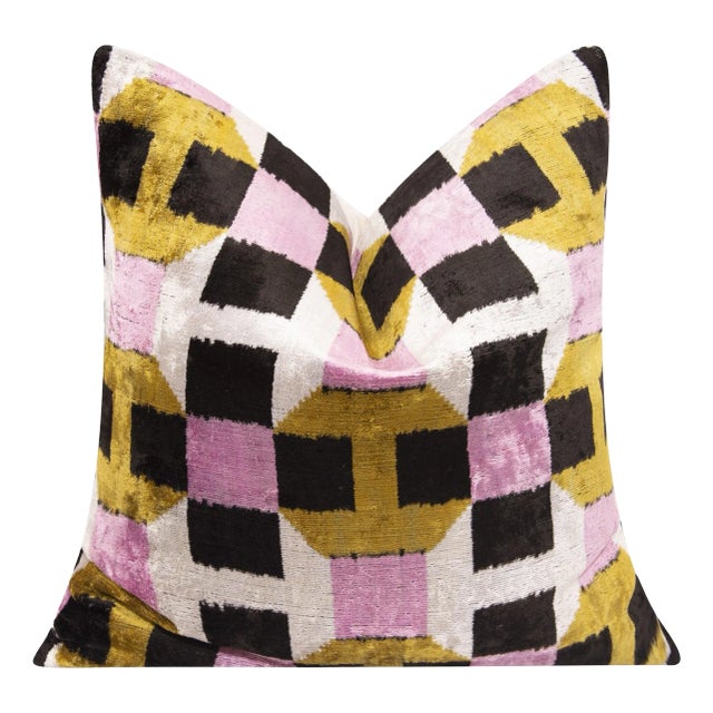 Luxurious Handmade 20x20 Silk Velvet Throw Pillow - Geometric Pattern, Vegetable Dyed, Down Feather Insert For Sale