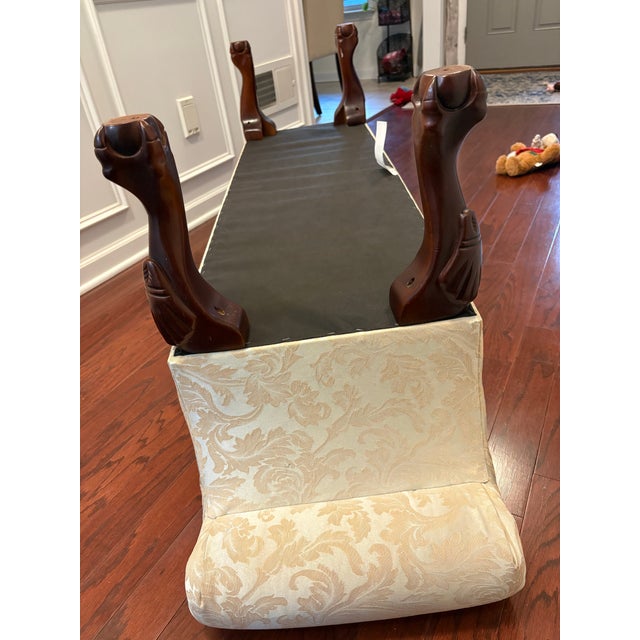 Wood Vintage Carved Wood Damask Upholstered Settee / Bench – 62” For Sale - Image 7 of 9