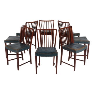 Vintage Dining Chairs in Mahogany with Blue Leather Seats from Fritz Hansen A/S, 1940s, Set of 8 For Sale