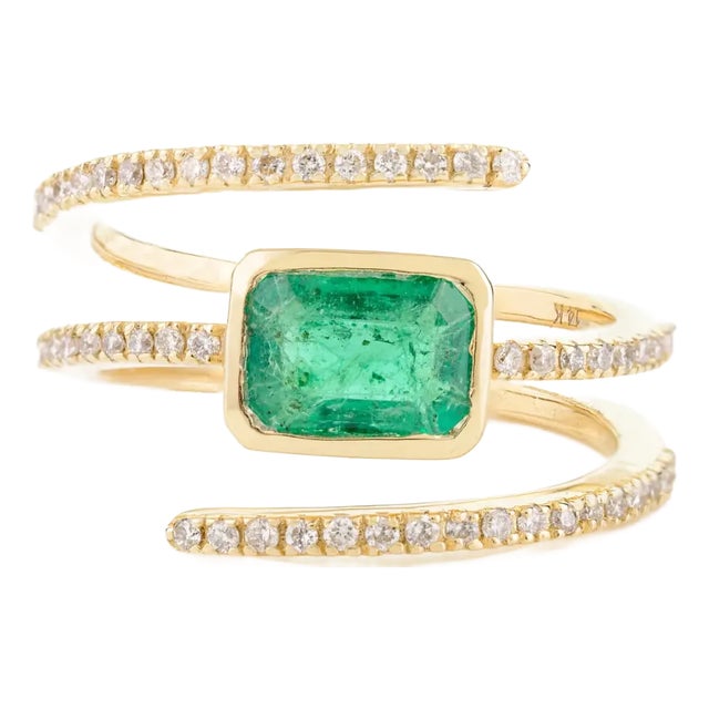 14k Yellow Gold Octagon Cut Emerald & Diamond Spring Ring Size 6 For Sale