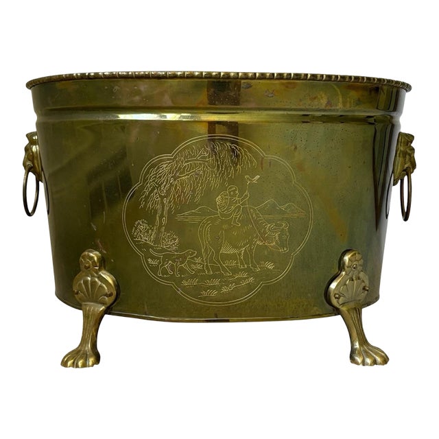 Vintage Asian Motif Lion Head Oval Brass Cachepot Planter For Sale