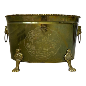 Vintage Asian Motif Lion Head Oval Brass Cachepot Planter