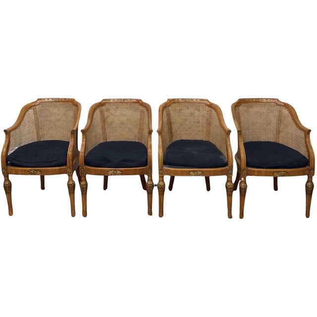 Antique 19th Century Satinwood Gilt Bergère Tub Chair, Raised On Turned Supports Price For Chair - Four Chairs In Stock...