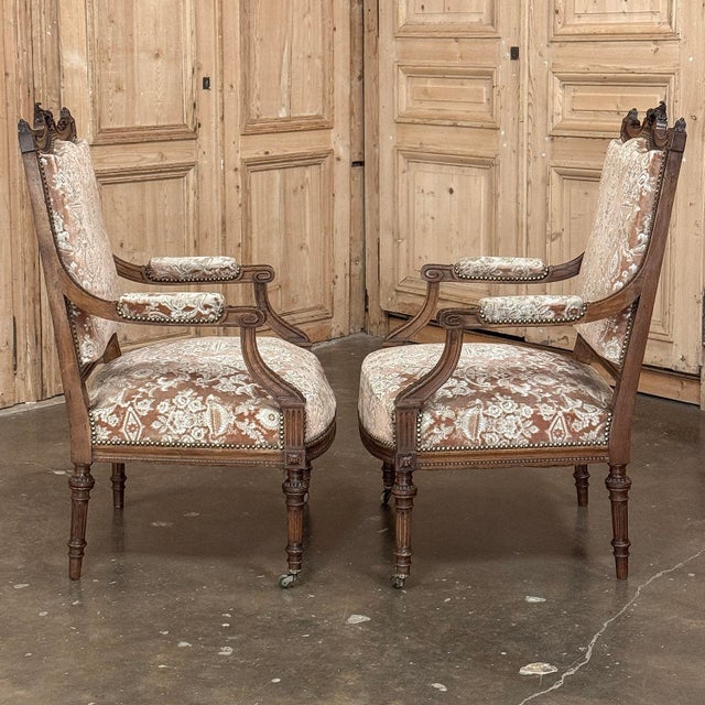 Late 19th Century Pair of 19th Century French Louis XVI Carved Walnut Armchairs ~ Fauteuils For Sale - Image 5 of 18