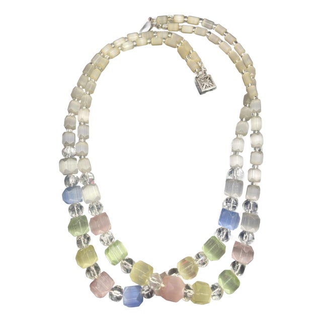 1930s Art Deco Multi Layer Pastel Colored Satin Glass Necklace With Ornate Sterling Silver Push Clasp Art. For Sale