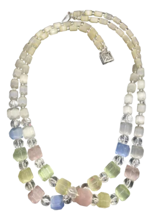 1930s Art Deco Multi Layer Pastel Colored Satin Glass Necklace With Ornate Sterling Silver Push Clasp Art.
