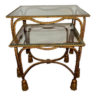 Two Circa 1960s Palladio Italian Gilt Iron and Glass Twisted Rope/ Tassel Nesting Tables For Sale