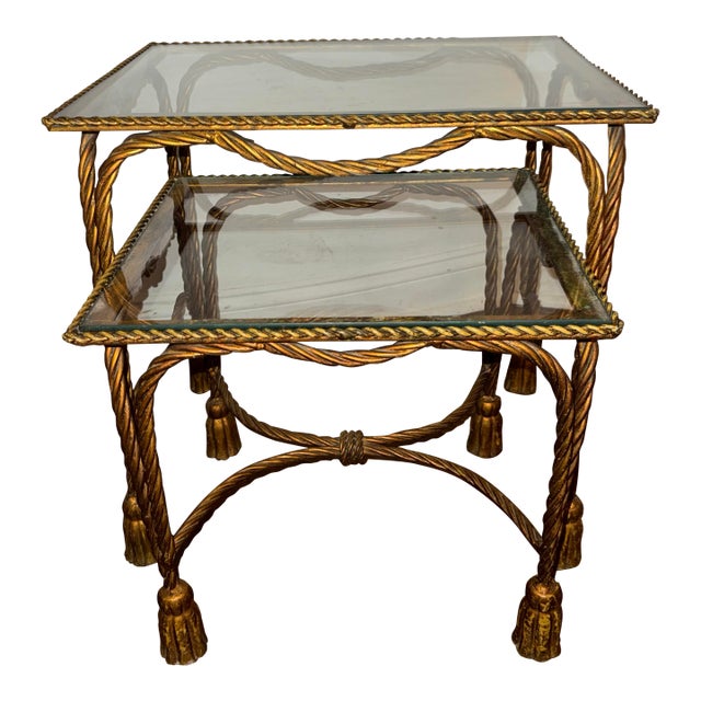 Two Circa 1960s Palladio Italian Gilt Iron and Glass Twisted Rope/ Tassel Nesting Tables For Sale