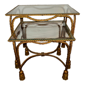 Two Circa 1960s Palladio Italian Gilt Iron and Glass Twisted Rope/ Tassel Nesting Tables
