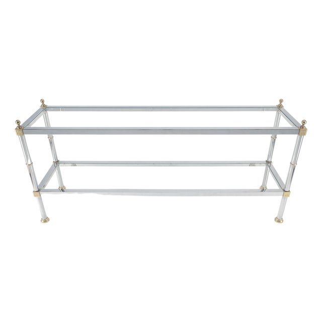 Two Tier Italian Glass Shelve Chrome 7 Brass 60" Console Sofa Table Finials MINT For Sale