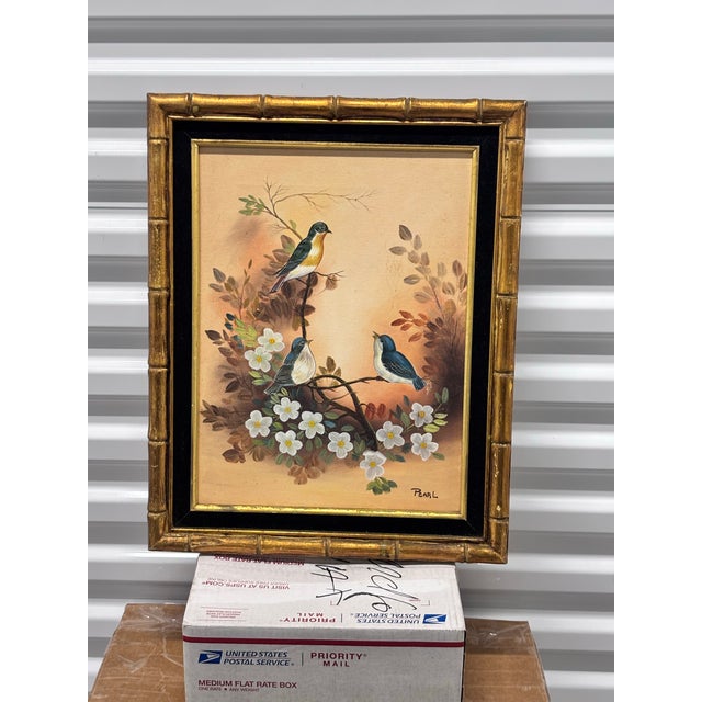 Vintage mid-century decorative art print featuring small birds perched on blossoming dogwood branches.Signed "PEARL" or by...