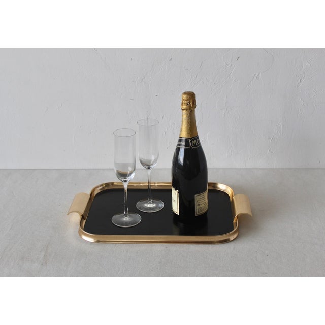 Black Vintage Modern English Gold Finish Black Rectangular Built in Handles Serving Tray For Sale - Image 8 of 9