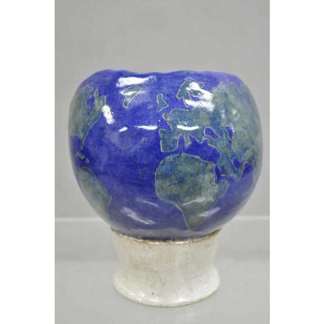 Late 20th Century Vintage Mid Century Modern Blue Glaze Ceramic Pottery World Globe Face Sculpture For Sale - Image 5 of 12