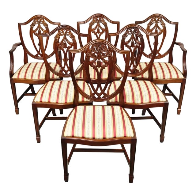 Vintage Sheraton Federal Mahogany Shield Back Dining Room Chairs - Set of 6 For Sale