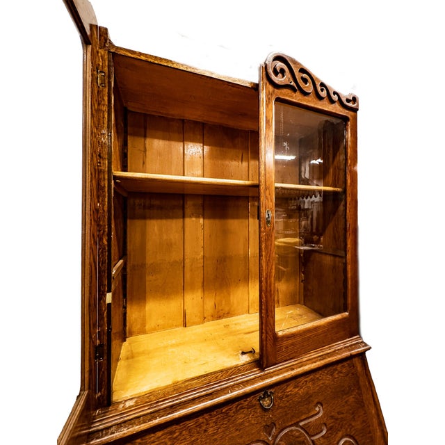 Early 1900's Quartersawn Oak Drop Front Secretary Hutch For Sale - Image 4 of 9
