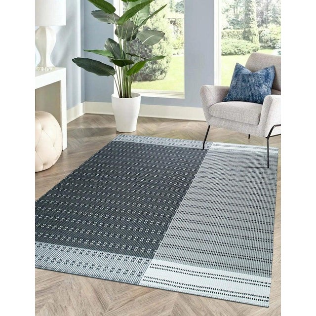 8x10 Gray Hand-Knotted Wool Dotted Linear Bands Geometric Modern Carpet Rug For Sale - Image 9 of 11
