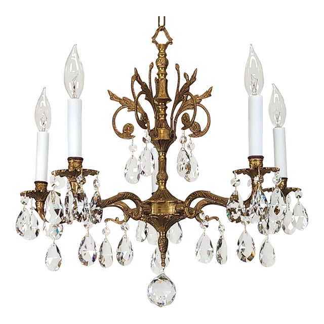 Antique 5 Light Beautiful Bonny Bitty Brass Cut Lead Glass Crystal Chandelier For Sale