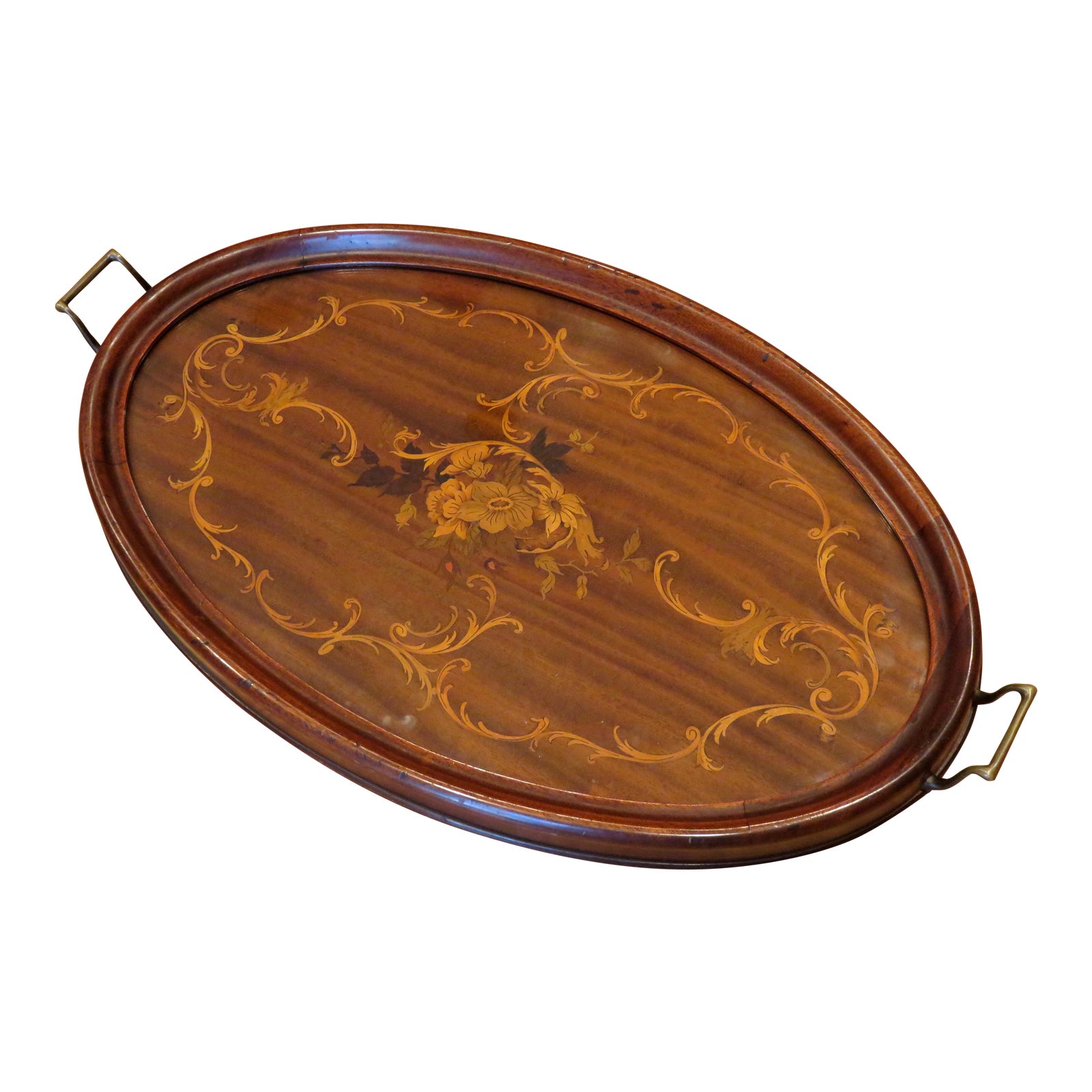 1920s Antique Marquetry Mahogany Wood Serving Tray | Chairish