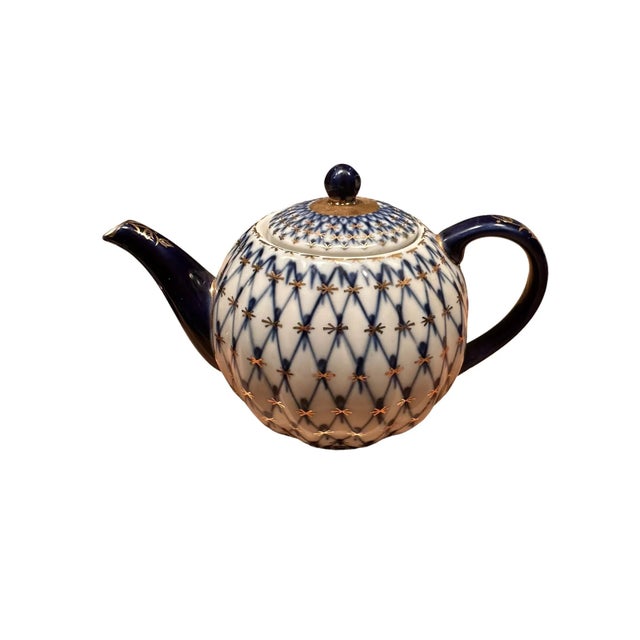 Vintage Lomonosov Imperial Porcelain Cobalt Net Tulip Complete Tea Set for Six - 22 Pieces For Sale - Image 4 of 13