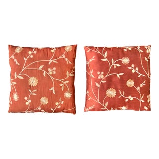 Vintage Pair Rust Silk With Floral Embroidered Flowers Pillows -2 For Sale