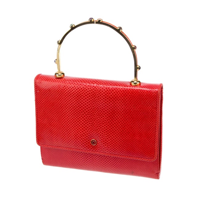 American 1980s Judith Leiber Karung Top Handle Red Snakeskin Day Evening Handbag Gemstones For Sale - Image 3 of 12