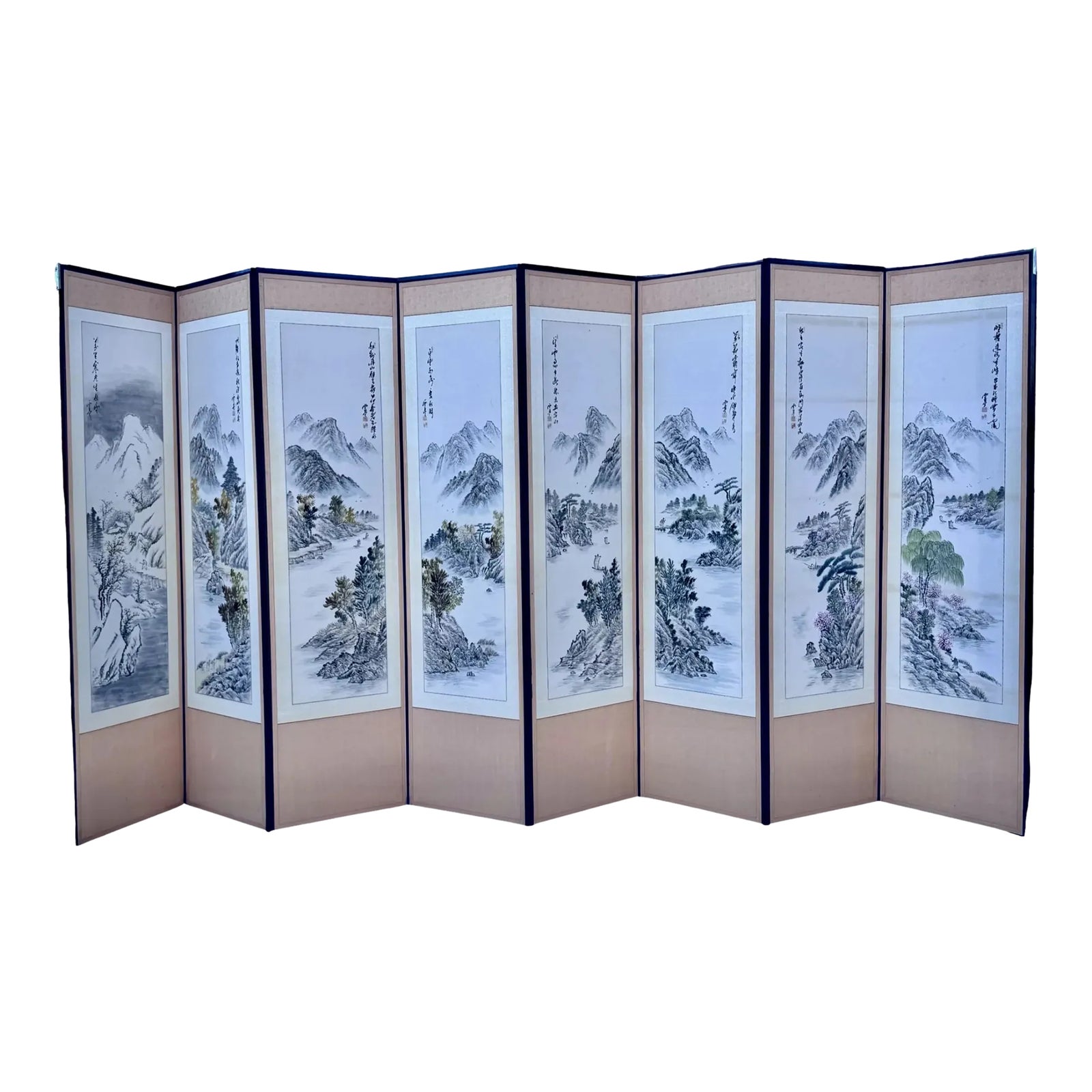 Hand-Painted Asian Screen, Eight Panels | Chairish