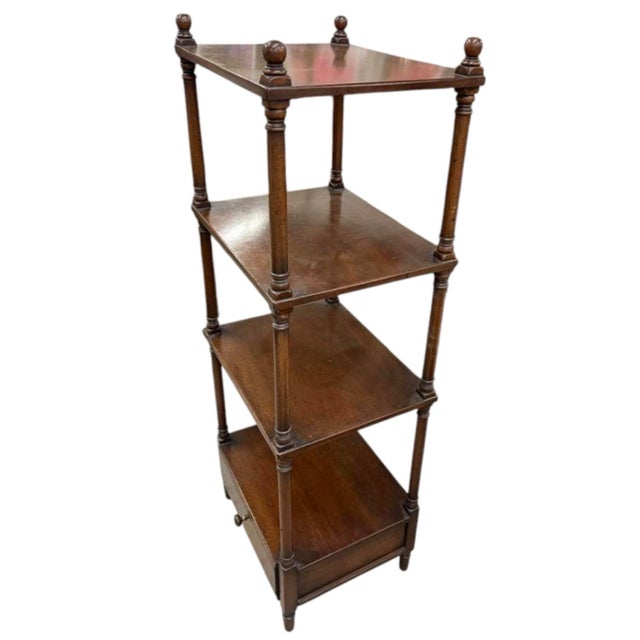 French Country Vintage Four-Tier Turned-Wood Étagère Stand With Base Drawer For Sale - Image 3 of 12