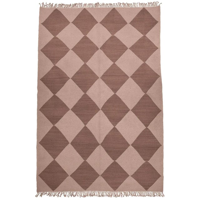 Redwood & Rust Diamond Checker Zanafi Flatweave Moroccan Wool Rug 5'4"x8' For Sale In New York - Image 6 of 6