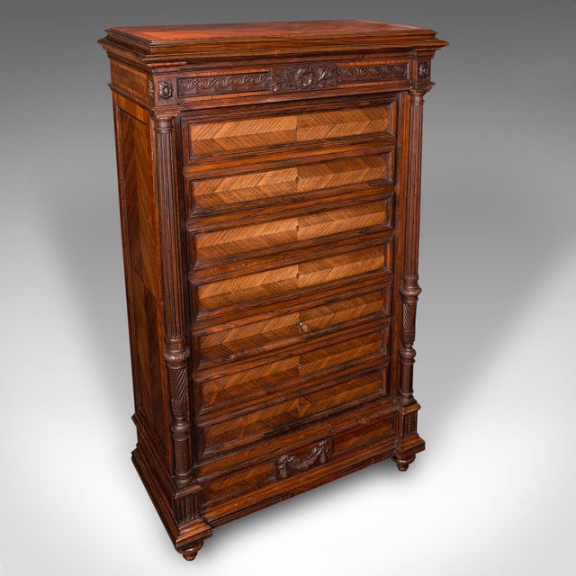 This is an antique tallboy correspondence desk. A French, drawing room escritoire in bookmatched kingwood, dating to the...