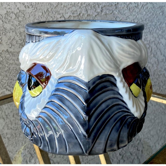 Excellent Pre-Owned Condition. This fun-to-look-at “two-faced” owl studio pottery earthenware cachepot will complement...