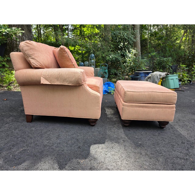 Late 20th Century Ethan Allen Transitional Style Fully Upholstered Arm Chair With Matching Ottoman For Sale - Image 5 of 7