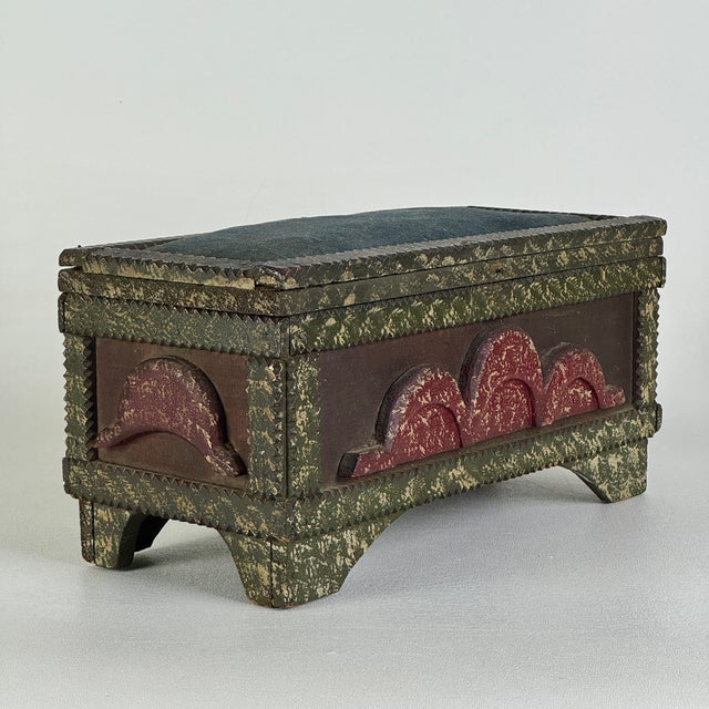 Vintage Painted Tramp / Folk Art Sewing Box With Large Pincushion Top & Red Heart Carving For Sale - Image 10 of 18