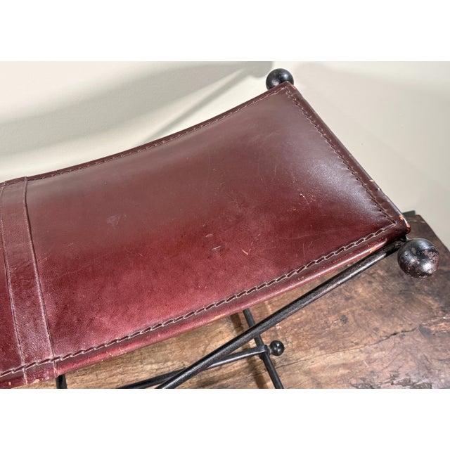 Vintage Leather and Wrought Iron Campaign Style Curved Sling Bench For Sale - Image 9 of 9