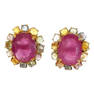 Bochic "Orient" Pastel Sapphires & Red Rubies Earrings Set In 18K Gold & Silver For Sale