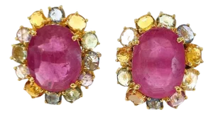 Bochic "Orient" Pastel Sapphires & Red Rubies Earrings Set In 18K Gold & Silver