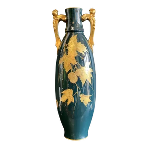 Antique Gustave Asch Blue Green and Gold Porcelain Vase