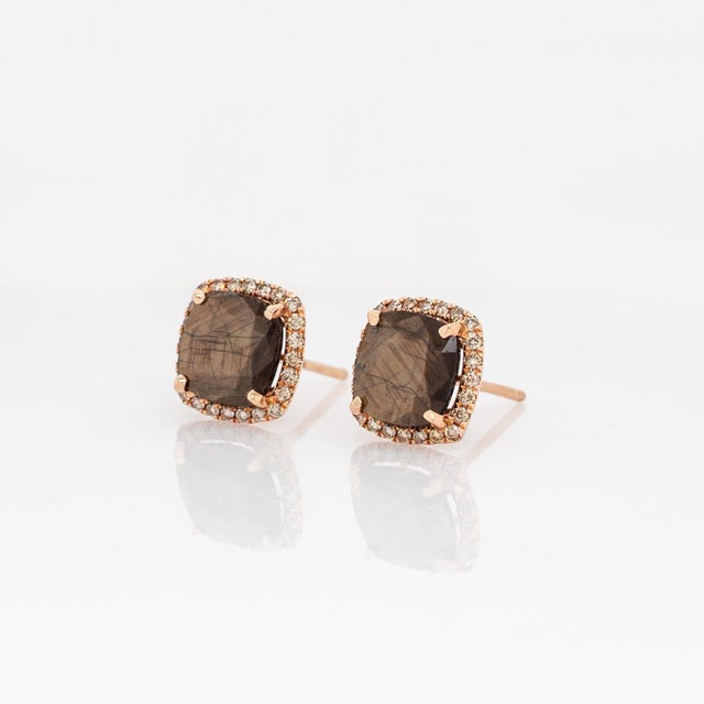 Golden Sheen Sapphire Earrings With Natural Diamond Accents in Solid 14k Gold, Pair For Sale - Image 4 of 7