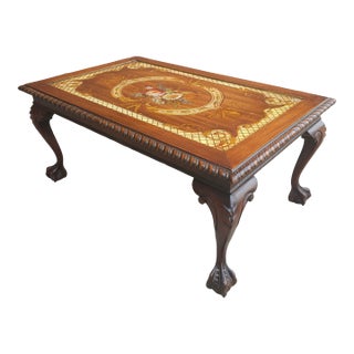 Mid-Century Chippendale Carved and Ornate Mahogany and Glass Inset Coffee Table For Sale