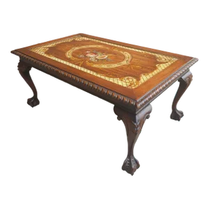 Mid-Century Chippendale Carved and Ornate Mahogany and Glass Inset Coffee Table